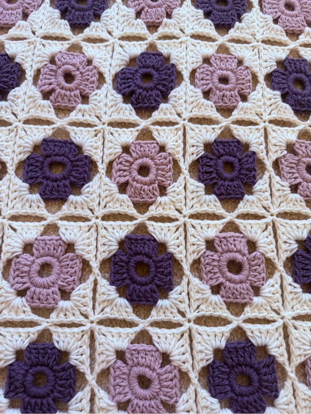 Handmade Crochet Granny Square blanket in Cream and Purple